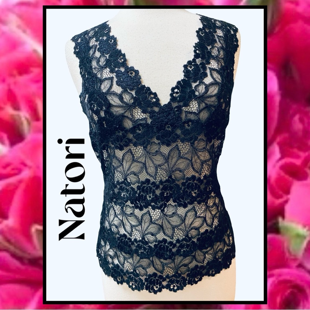 New NATORI Black Lace Stretch Camisole Top Scallop Edge Large